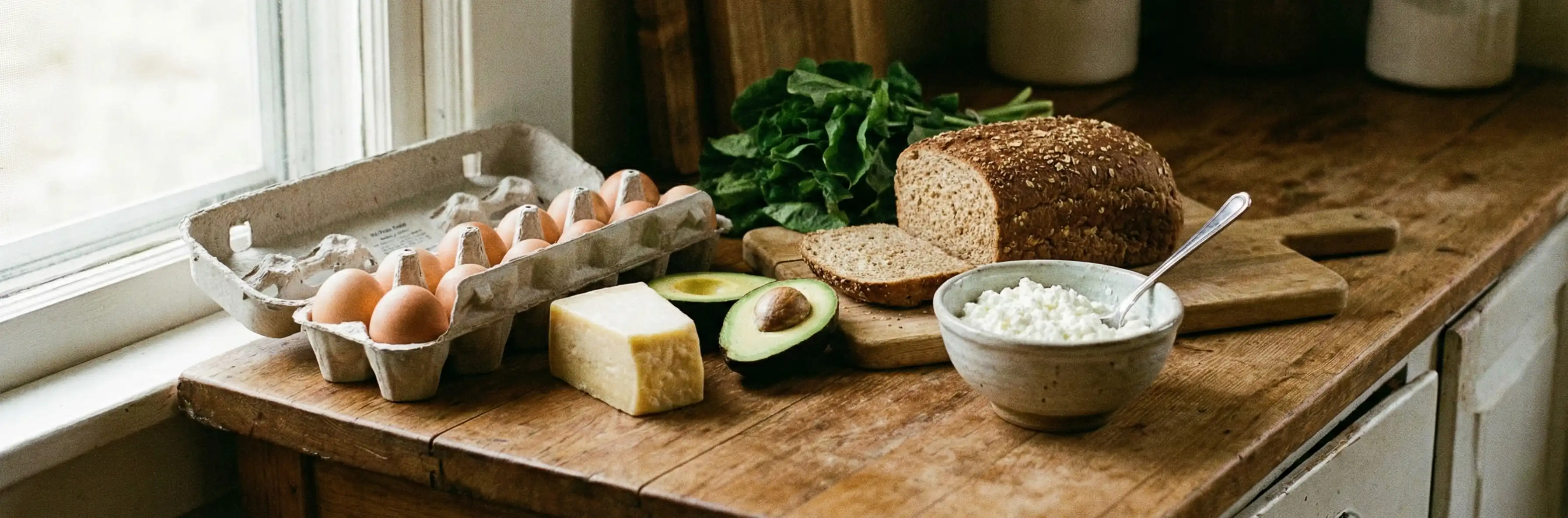 На столе разложены простые продукты: яйца, авокадо, творог, хлеб